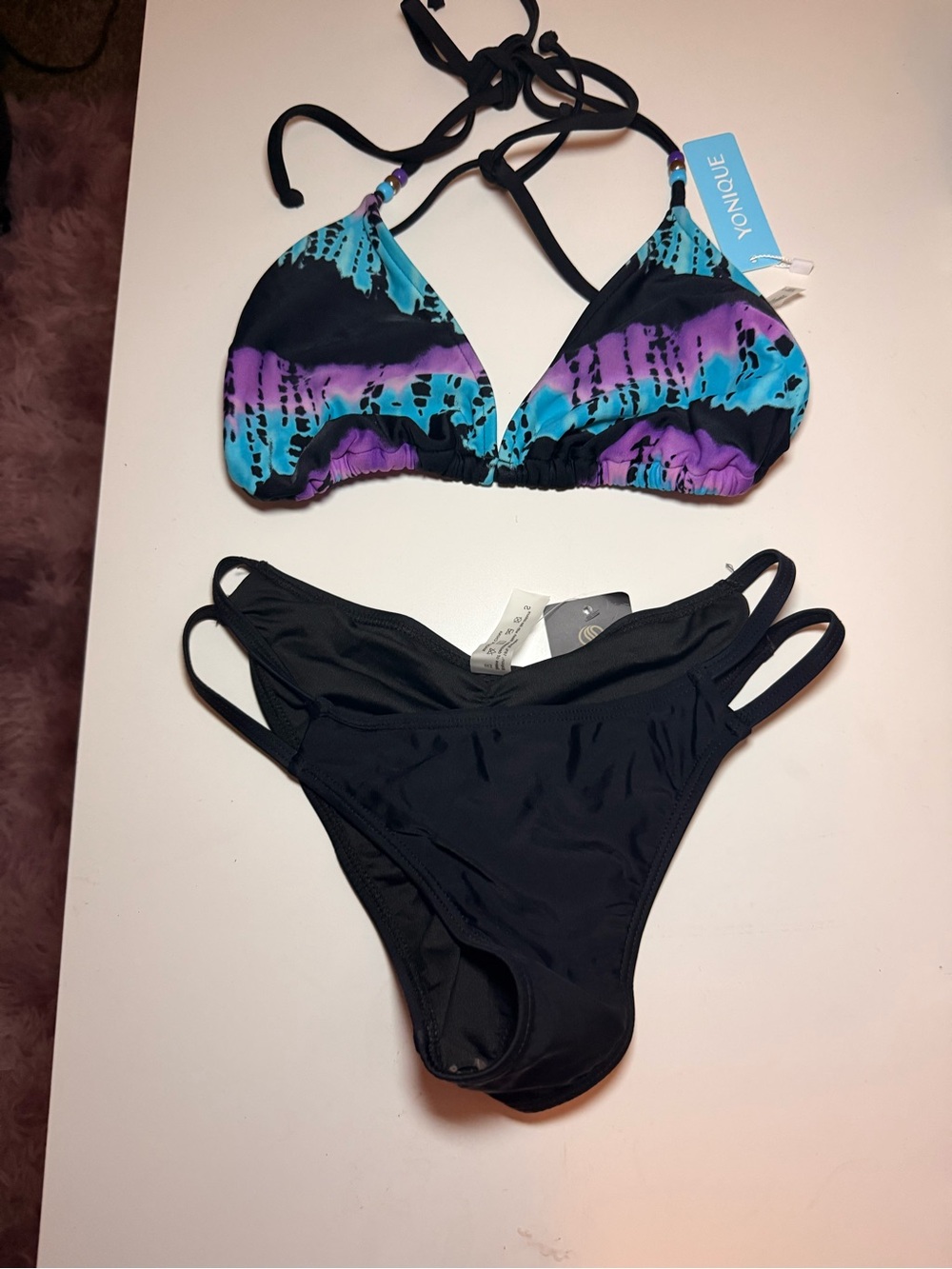 Younique Teal & Purple Patterned Triangle Bikini Top with SherryDC bottom Small